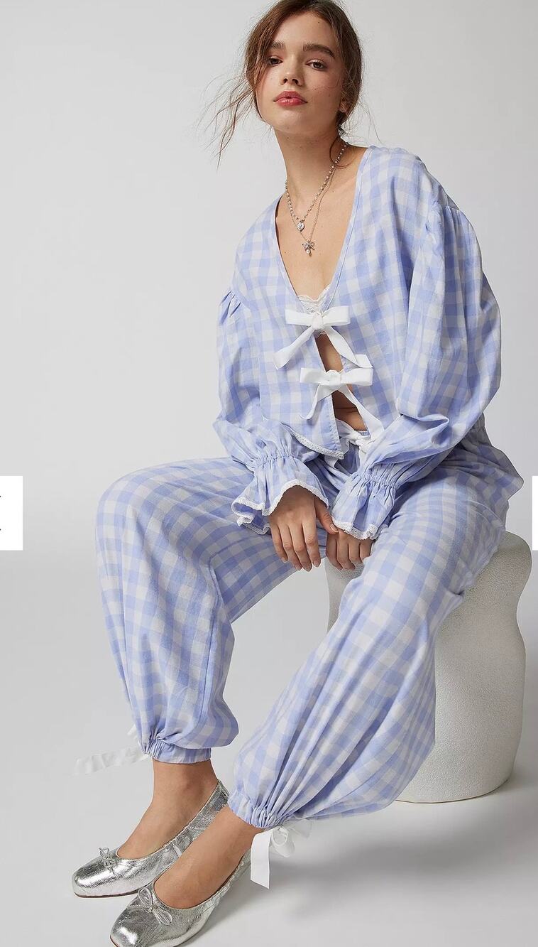 Out From Under Charlotte Gingham Bow Tie Crop Top Jogger Pajama Set Blue S